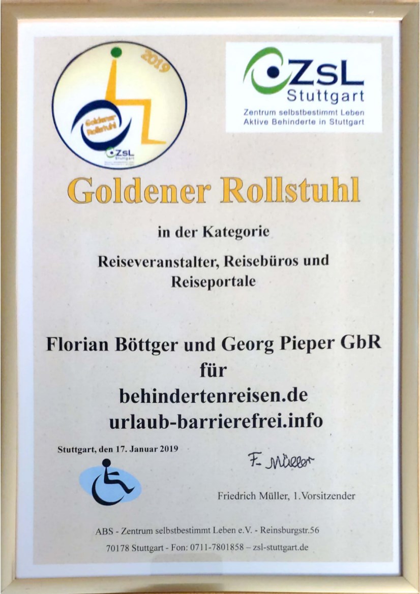 Urkunde_Goldener_Rollstuhl Kategorie Reiseveranstalter, Reisebüros, Reiseportale