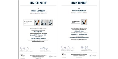 Rollstuhlgerechte Unterkunft - Oberbayern - Urkunde Hotel Lichtblick - Reisen für Alle - 100 % barrierefreies Hotel Lichtblick in Münchner Umgebung