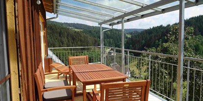 Rollstuhlgerechte Unterkunft - Unterkunftsart: Ferienwohnung - Loßburg - Großzügige überdachte Terrasse (mit MArkise) und toller Sicht über Hof und Umgebung - Mooshof