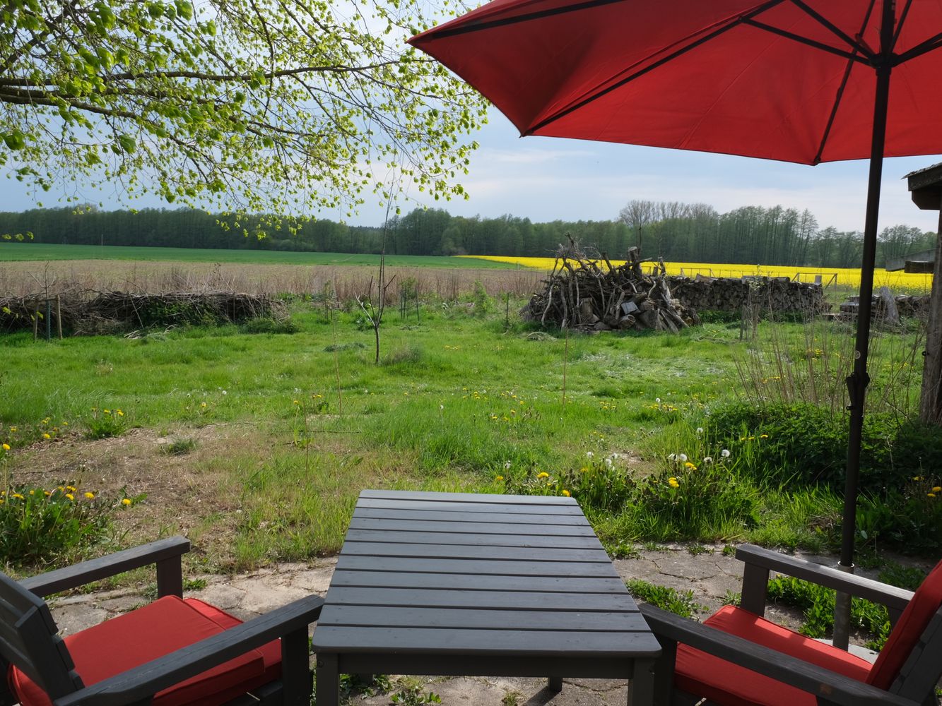 Rollstuhl-Urlaub: Terrasse mit Blick über Garten und Felder - Hof Elsbusch