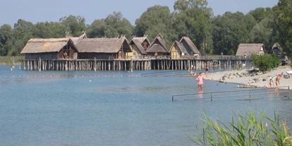 Rollstuhlgerechte Unterkunft - Pflegebett - Untruhldingen am Strand mit Blick auf die Pfahlbauten - Barriererfreie Ferienwohnung Bodenseeblick