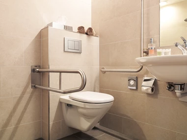 Rollstuhl-Urlaub: Toilette mit Haltegriff - Ferienhotel Bodensee, Stiftung Pro Handicap