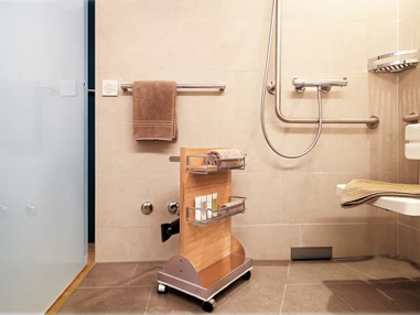 Rollstuhl-Urlaub: Dusche mit Duschhocker und Haltegriffe - Ferienhotel Bodensee, Stiftung Pro Handicap