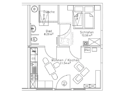 Rollstuhlgerechte Unterkunft - Unterkunftsart: Ferienhaus - Grundriss FeWo 2 (Barrierefrei) - Ferienwohnungen "Käpt´n Udo"