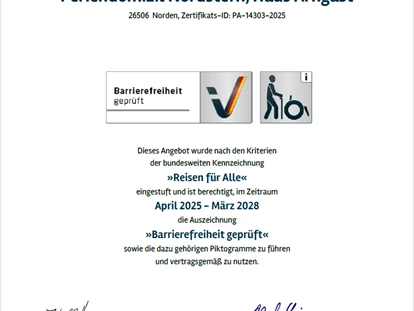 Rollstuhlgerechte Unterkunft - Unterkunftsart: Ferienhaus - Das Haus ist als barrierefreie Unterkunft nach den bundesweiten Kriterien gemäß "Reisen für Alle" zertifiziert. - Feriendomizil Nordstern