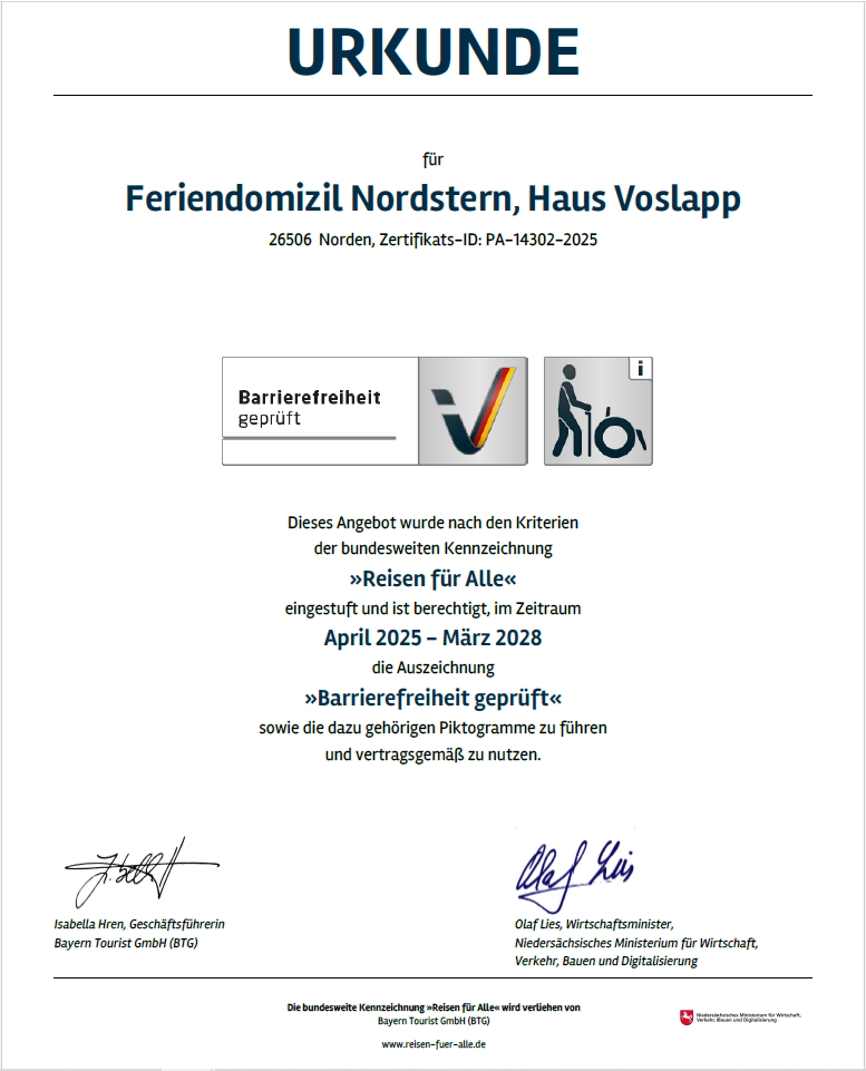 Rollstuhl-Urlaub: Haus Voslapp ist als barrierefreie Unterkunft nach den bundesweiten Kriterien gemäß "Reisen für Alle" zertifiziert. - Feriendomizil Nordstern