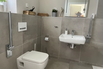 Rollstuhl-Urlaub: WC/Dusche im Erdgeschoss mit unterfahrbarem Waschbecken inkl. Haltegriff und WC inkl Haltegriff - Korn-Koje