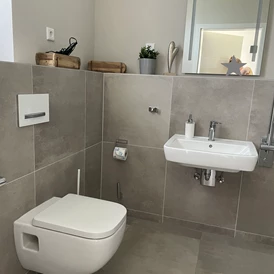 Rollstuhl-Urlaub: WC/Dusche im Erdgeschoss mit unterfahrbarem Waschbecken inkl. Haltegriff und WC inkl Haltegriff - Korn-Koje