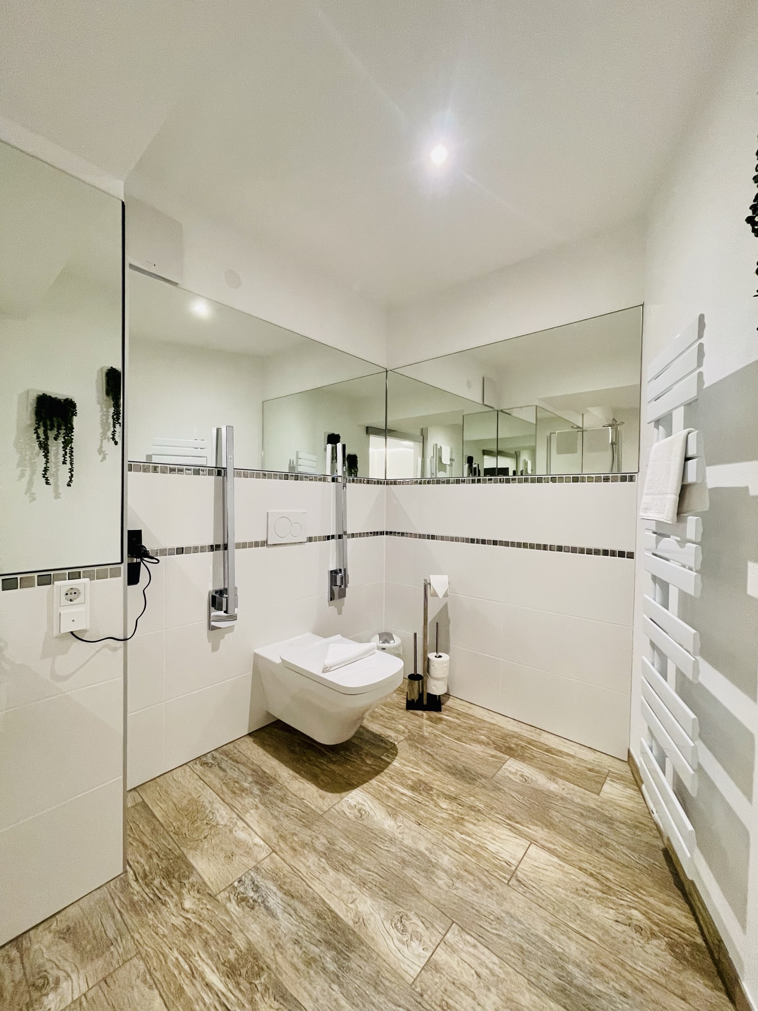 Rollstuhl-Urlaub: WC auf Rollstuhlhöhe mit Haltegriffen, automatischer Spülung, und Notrufseil - Hotel am Schloss GmbH & Co. KG