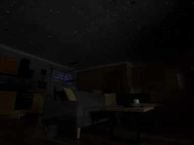 Rollstuhl-Urlaub: Wohnzimmer mit nachtleuchtende Sternendecke bei Dunkelheit. - Ferienhaus "Milchstraße" im Natur- und Sternenpark Westhavelland