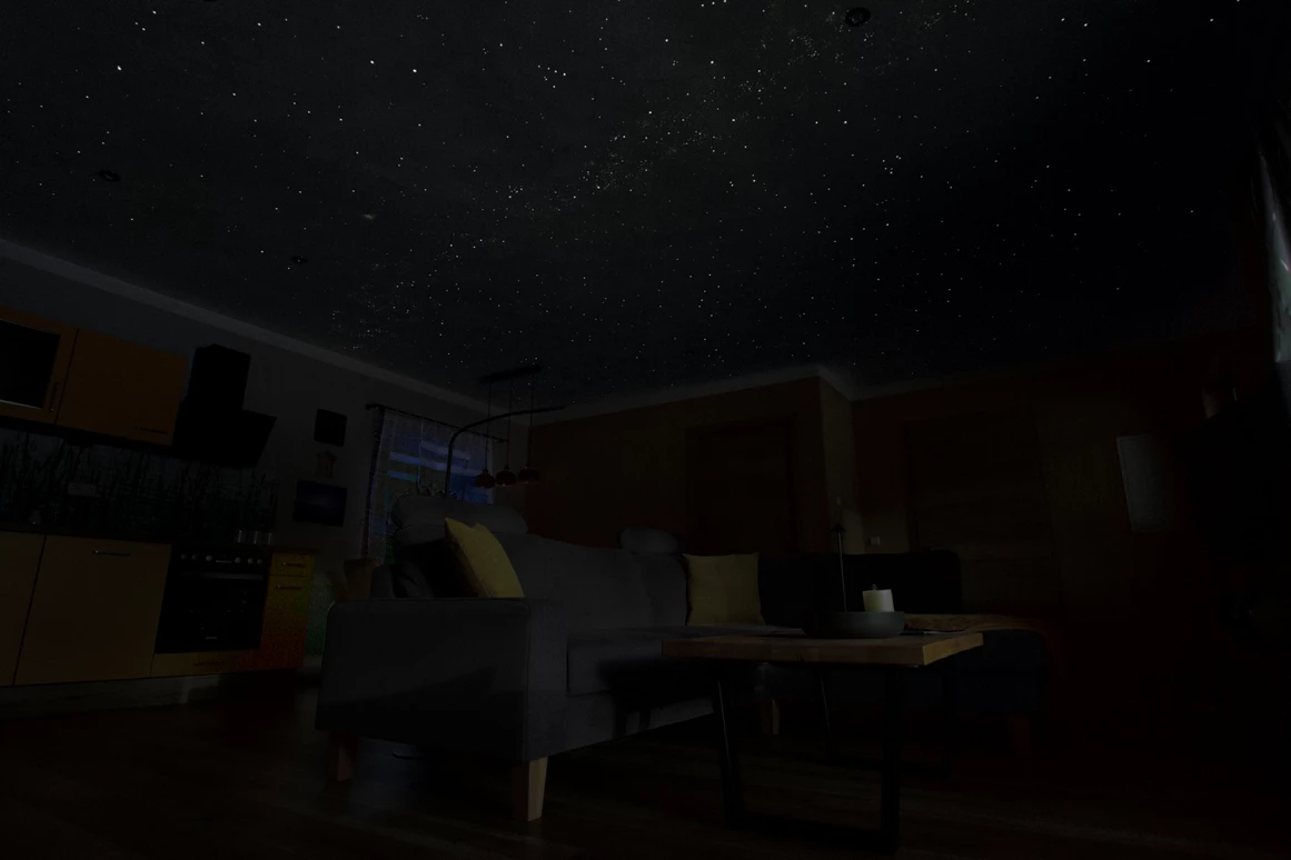 Rollstuhl-Urlaub: Wohnzimmer mit nachtleuchtende Sternendecke bei Dunkelheit. - Ferienhaus "Milchstraße" im Natur- und Sternenpark Westhavelland