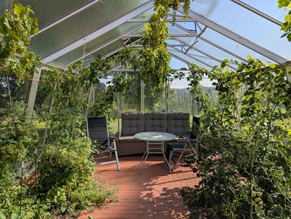 Rollstuhlgerechte Unterkunft - Pflegebett - Ein Refugium im Grünen – Das Gewächshaus im Park des Gutshofes Roggow
Inmitten des liebevoll gepflegten Parks lädt das historische Gewächshaus des Gutshofes Roggow zu Muße und Erholung ein. Umgeben von üppigem Pflanzenwuchs genießen unsere Gäste hier eine ruhige Sitzgelegenheit, die bei jedem Wetter Schutz bietet und zugleich den Blick ins Grüne eröffnet. Ein idealer Ort für entspannte Gespräche, das Lesen eines Buches oder einfach zum Verweilen inmitten der Natur. - Gutshof Roggow bei Güstrow