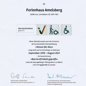 Rollstuhl-Urlaub: Urkunde Barrierefreiheit geprüft - Reisen für alle - Ferienhaus Amelsberg