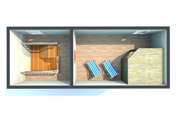 Rollstuhl-Urlaub: Grundriß ausgebauter Spitzboden mit Sauna - Ferienhaus“Rügen-Traum“ für bis zu 8 Personen auf Rügen