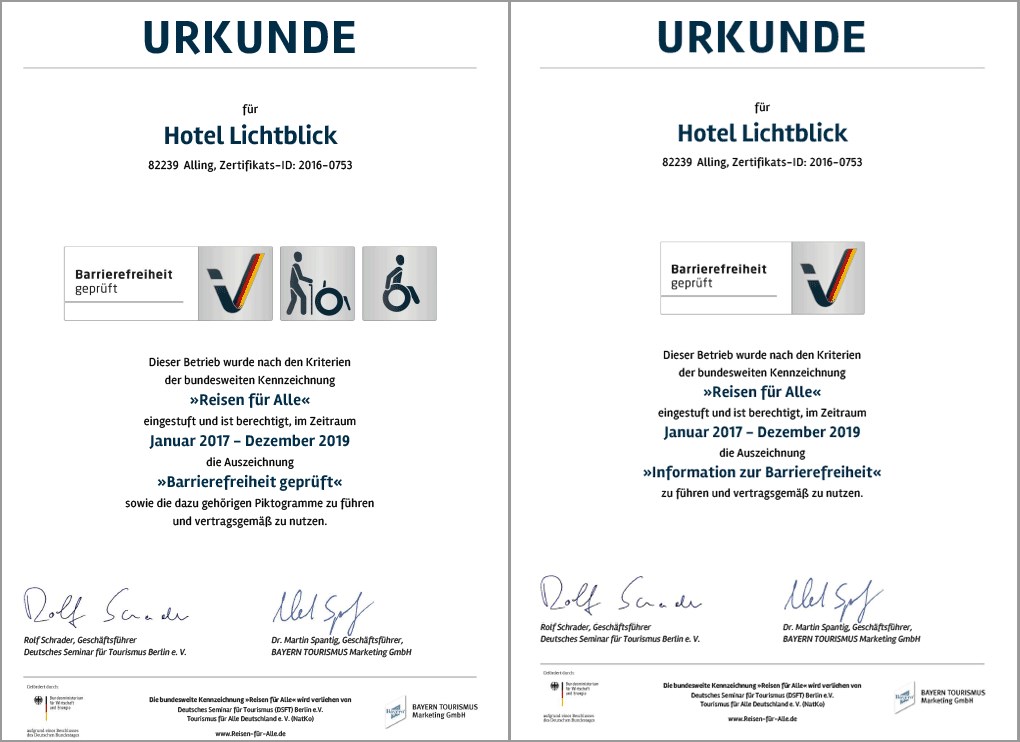 Rollstuhl-Urlaub: Urkunde Hotel Lichtblick - Reisen für Alle - 100 % barrierefreies Hotel Lichtblick in Münchner Umgebung