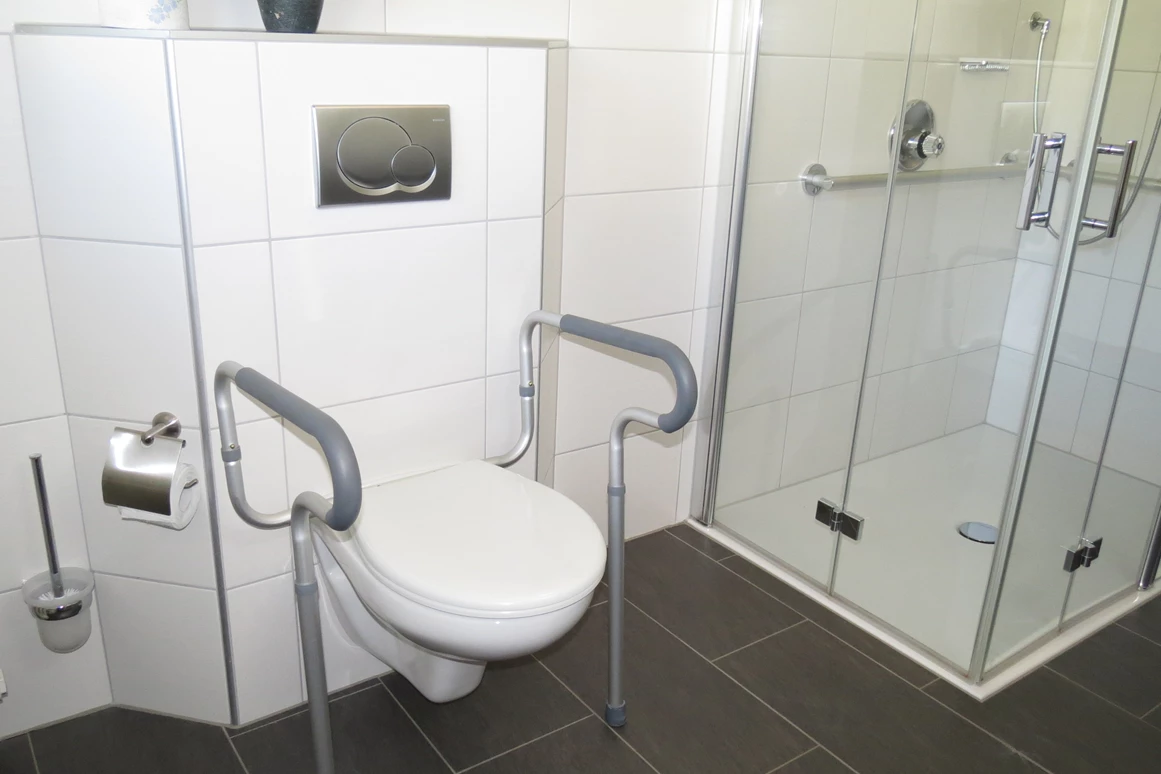 Rollstuhl-Urlaub: Stürzgriffe am WC in der Fewo Lavendel - Barrierefreie Ferienwohnung LAVENDEL mit Moselblick