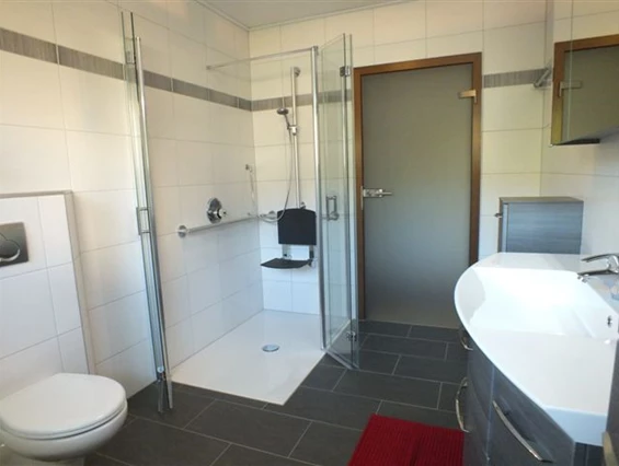 Rollstuhl-Urlaub: barrierefreie Dusche 90/140 mit Handlauf und Duschsitz in Fewo Lavendel - Barrierefreie Ferienwohnung LAVENDEL mit Moselblick