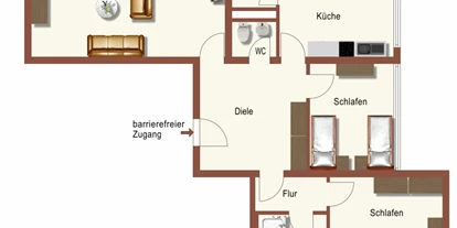 Rollstuhlgerechte Unterkunft - Pflegebett - Grundriss der Fewo Lavendel - Barrierefreie Ferienwohnung LAVENDEL mit Moselblick