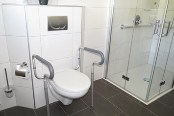 Rollstuhl-Urlaub: Stürzgriffe am WC in der Fewo Lavendel - Barrierefreie Ferienwohnung LAVENDEL mit Moselblick ab 115,-- pro Tag  2 Personen  