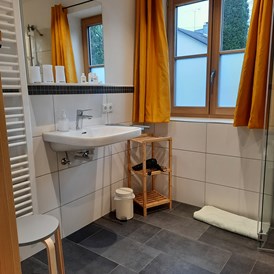 Rollstuhl-Urlaub: harmonisch Eingerichtetes Badezimmer mit unterfahrbarem Waschtisch - Ferienwohnungen Weberhof