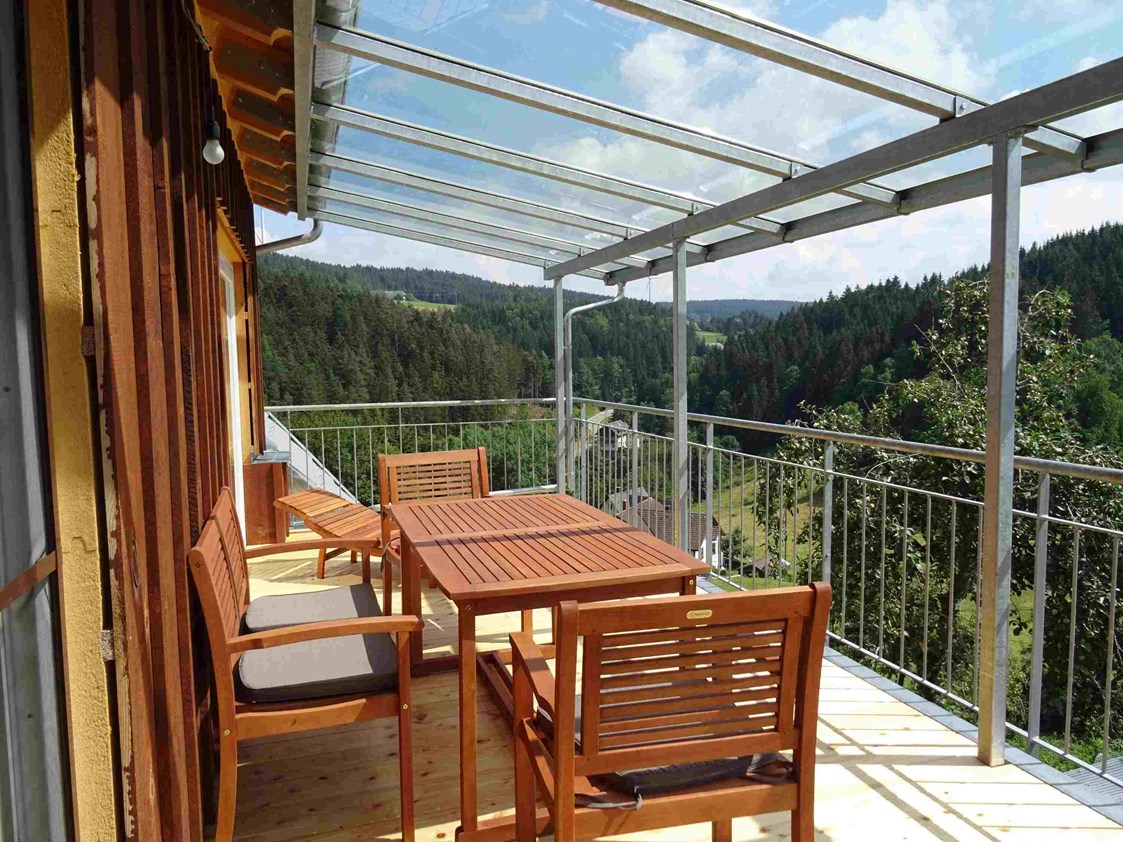 Rollstuhl-Urlaub: Großzügige überdachte Terrasse (mit MArkise) und toller Sicht über Hof und Umgebung - Mooshof