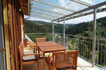 Rollstuhl-Urlaub: Großzügige überdachte Terrasse (mit MArkise) und toller Sicht über Hof und Umgebung - Mooshof