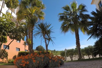 Rollstuhl-Urlaub: Palmen und Blumen vor der Unterkunft - FeWo-Algarve