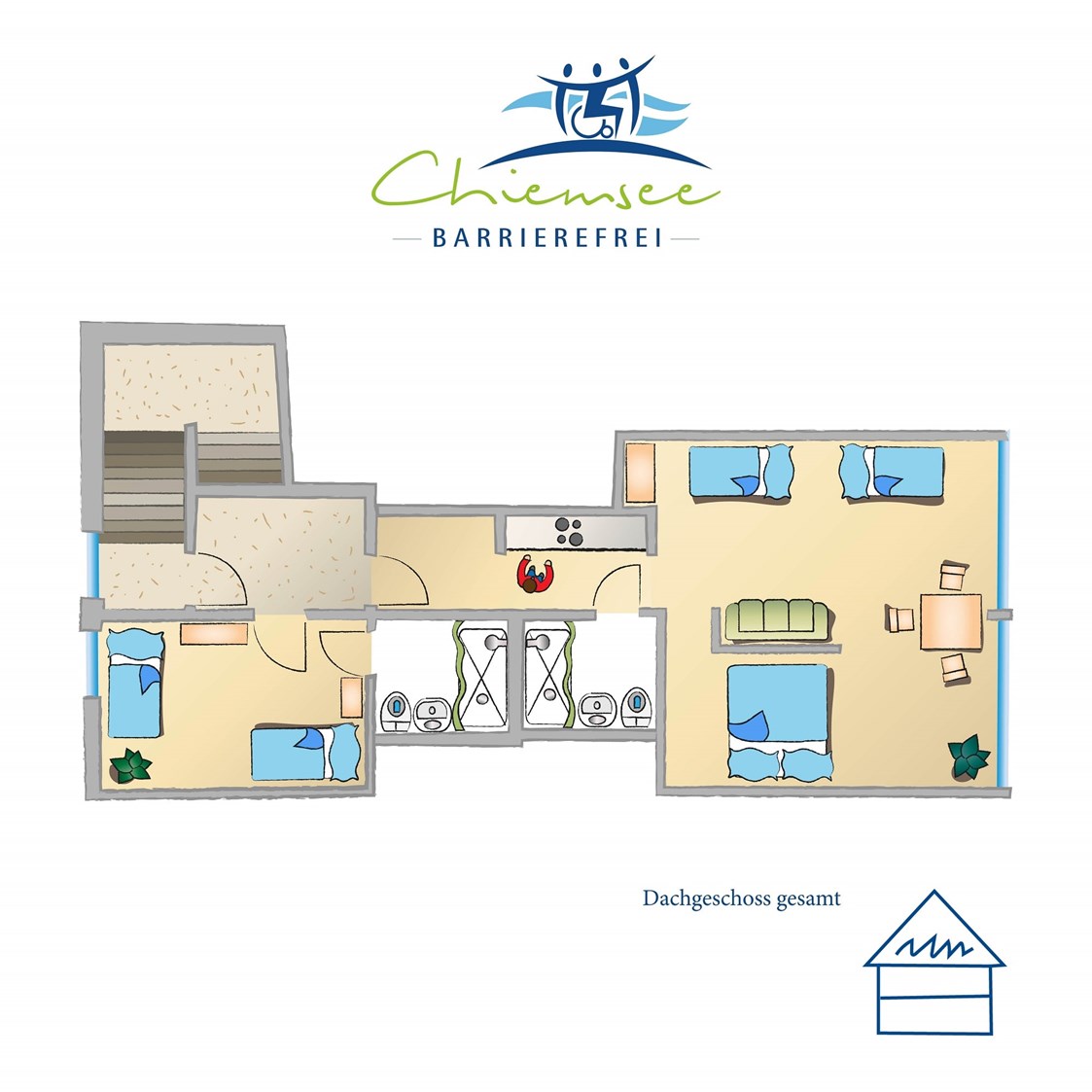 Rollstuhl-Urlaub: Unser Panorama Apartment (4 Personen) und Zweibett-Zimmer (2 Personen) im Dachgeschoss. Nicht für Rollstuhlnutzer geeignet. - Chiemsee barrierefrei