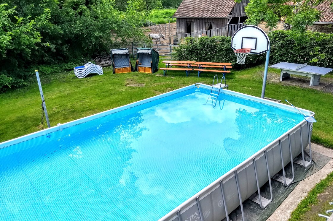 Rollstuhl-Urlaub: Im Sommer Pool 10m x 5m und
im Winter Basketball-Platz  - Erdhausapartment OST