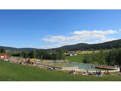 Rollstuhlgerechte Unterkunft - Unterkunftsart: Ferienhaus - Unser Naturbad, kostenlos und bio,
mit Seerosen und wunderschöner Bepflanzung, ist vom Ferienhaus über den Radweg  bequem zu Fuß in 10 Minuten zu erreichen. Auf den letzten 10 Metern Steigung/Kiesweg. - Ferienhaus Wollinger