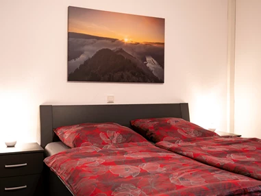 Rollstuhl-Urlaub: Schlafzimmer mit hohem Bett und ausreichen Platz neben dem Bett. - Haus Hanghuhn