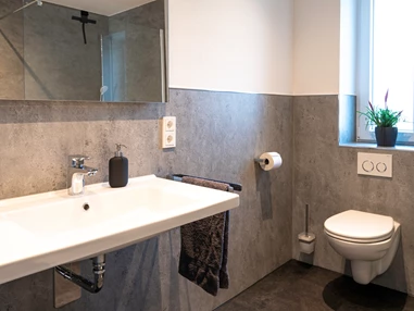 Rollstuhl-Urlaub: unterfahrbares Waschbecken, erhöhte Toilette. Mobile Aufstehhilfe vorhanden. Großer Wenderadius zwischen WC, Waschbecken und Dusche. - Haus Hanghuhn