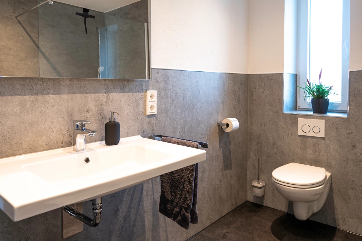 Rollstuhl-Urlaub: unterfahrbares Waschbecken, erhöhte Toilette. Mobile Aufstehhilfe vorhanden. Großer Wenderadius zwischen WC, Waschbecken und Dusche. - Haus Hanghuhn
