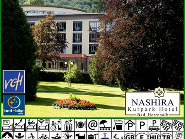Rollstuhl-Urlaub: Frontbild des rollstuhlgerechten Hotels - mit Kurparkblick - Nashira Kurpark Hotel****